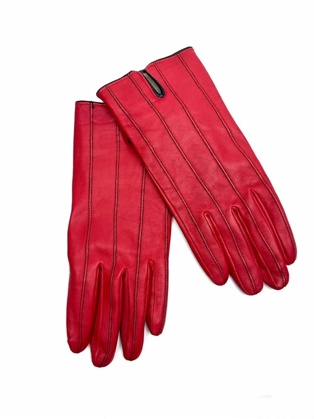 CAROLE LITTLE Red Leather Gloves Cashmere Lining Women's size 8